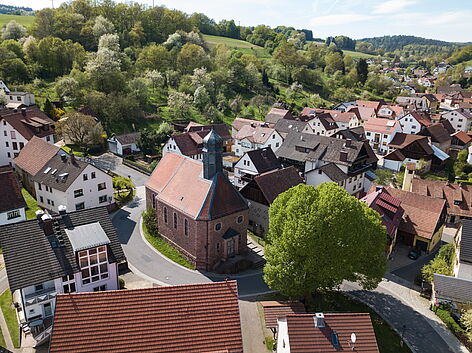 Blick auf Habichsthal mit Kirche und Dorflinde